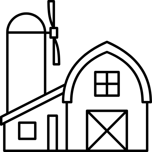 Icon einer stilisierten Farm in schwarz auf transparentem Hintergrund.