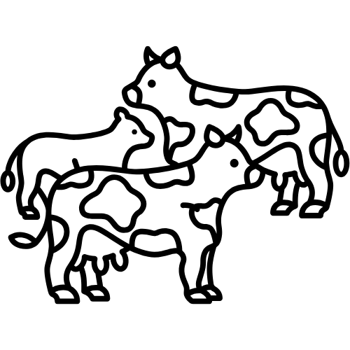stilisiertes Icon von zwei Kühen und einem Kalb auf transparentem Hintergrund.