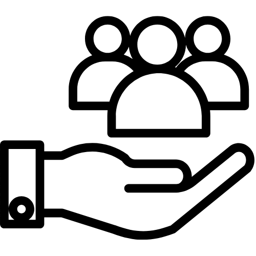 Das Icon zeigt eine stilisierte Hand, über der 3 Personen platziert sind, auf transparentem Hintergrund.
